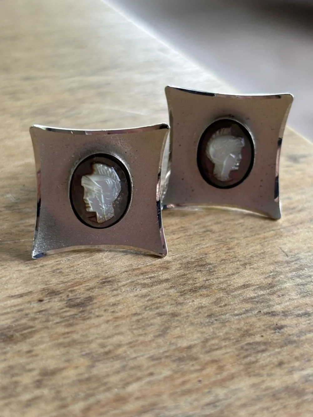 Vintage Swank Sterling Cameo Cufflinks - Mother of Pearl Inlay, Matching Tie Pin